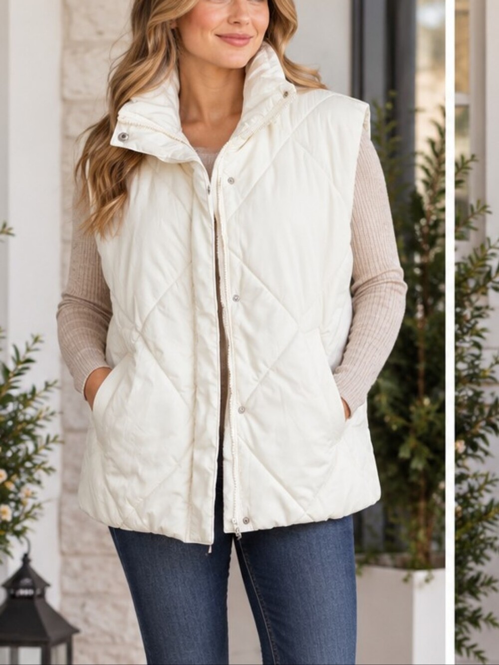 MEROKEETY Quilted Stand Collar Zip Up Padded Puffer Vest- Ivory/Beige Size XL